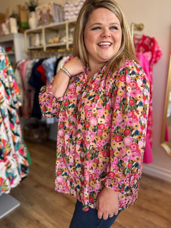 RESTOCKED! "Frilly Florals" Curvy 3/4 Sleeve Button-Down Top