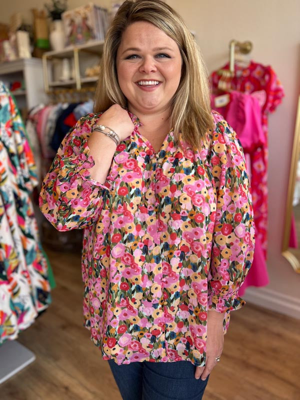 RESTOCKED! "Frilly Florals" Curvy 3/4 Sleeve Button-Down Top
