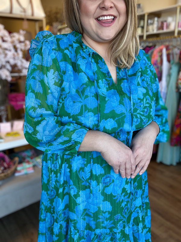 RESTOCKED! "Gardenia Glamour" Plus-Size Metallic Stitch Midi Dress