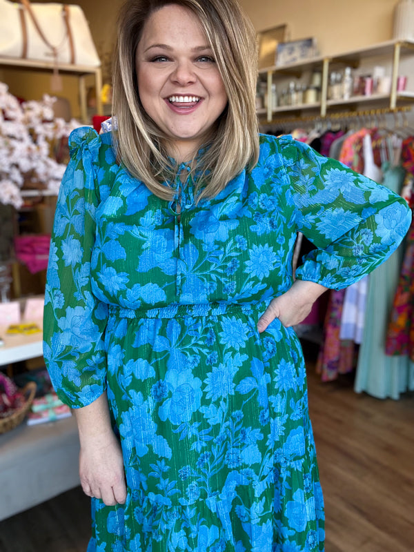 RESTOCKED! "Gardenia Glamour" Plus-Size Metallic Stitch Midi Dress