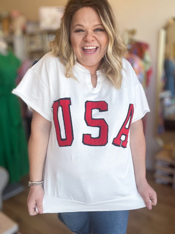 "God Bless the USA" Plus-Size Patriotic Terry Top