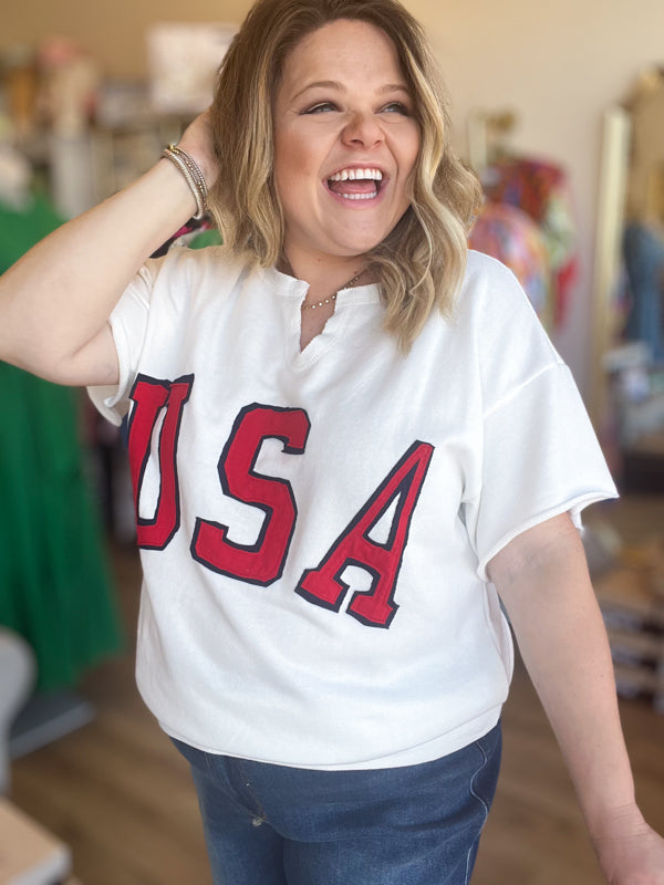"God Bless the USA" Plus-Size Patriotic Terry Top