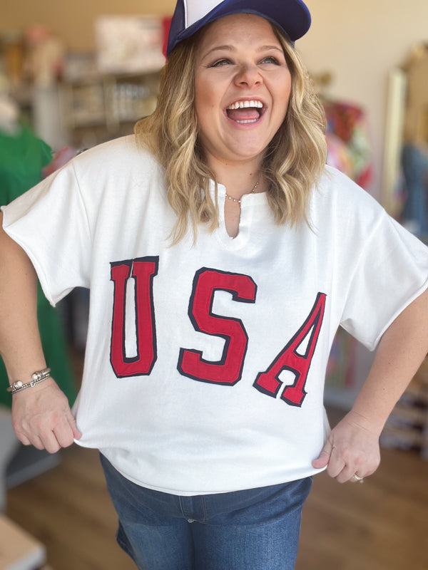 "God Bless the USA" Plus-Size Patriotic Terry Top
