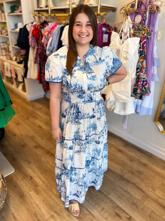 "Gone Grandmillennial' Curvy Blue Toile Landscape Maxi Dress