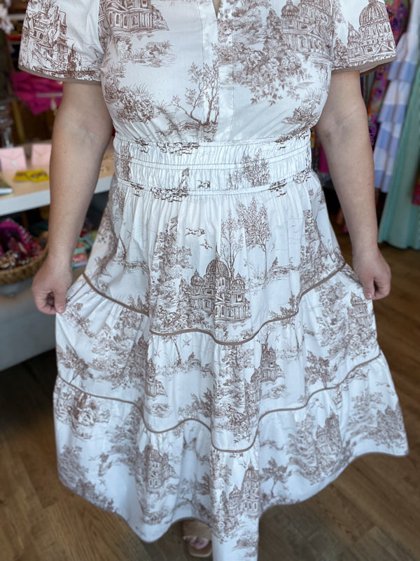 "Gone Grandmillennial' Curvy Tan Toile Landscape Maxi Dress