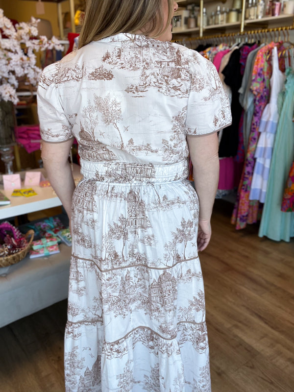 "Gone Grandmillennial' Curvy Tan Toile Landscape Maxi Dress