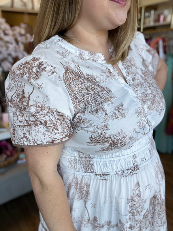 "Gone Grandmillennial' Curvy Tan Toile Landscape Maxi Dress