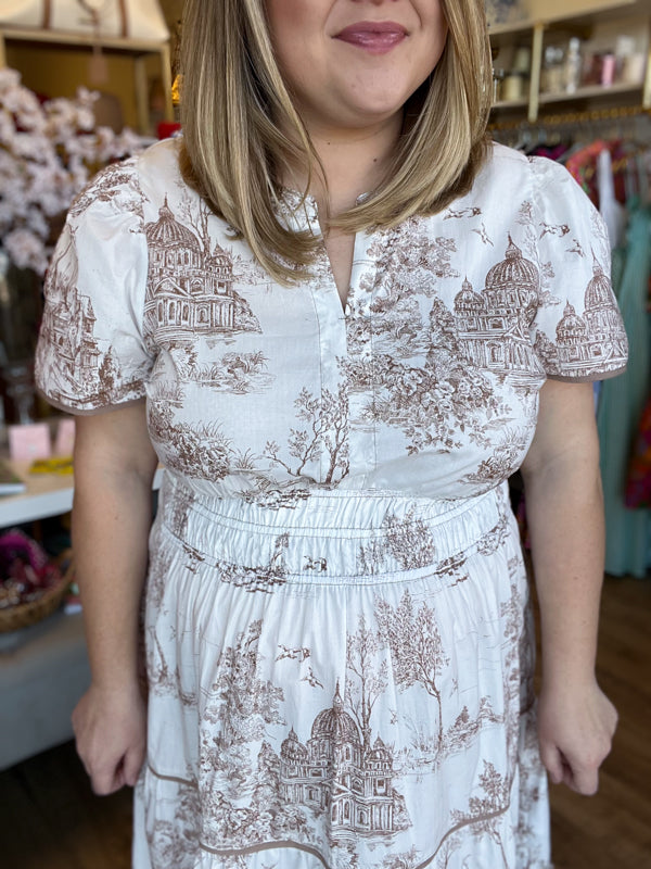 "Gone Grandmillennial' Curvy Tan Toile Landscape Maxi Dress