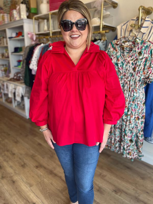RESTOCKED! It's Giving Grace Kelly Plus-Size Red Ruffle Neck Blouse