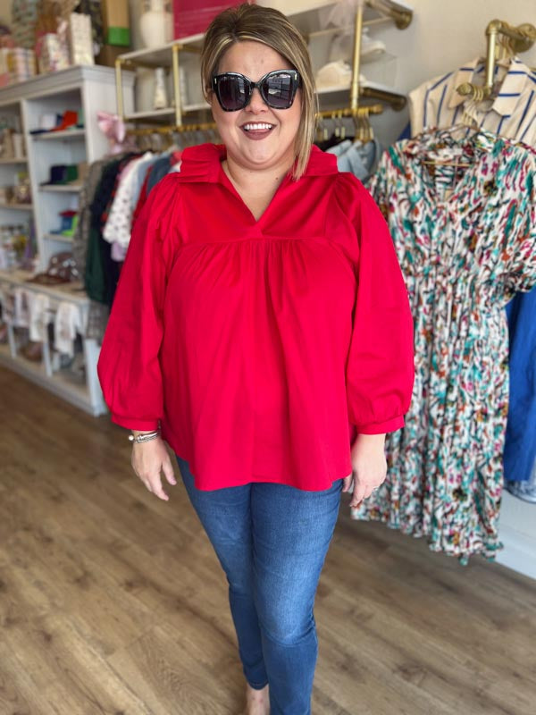 RESTOCKED! It's Giving Grace Kelly Plus-Size Red Ruffle Neck Blouse