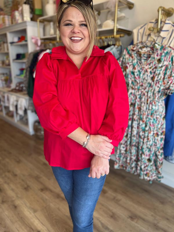RESTOCKED! It's Giving Grace Kelly Plus-Size Red Ruffle Neck Blouse