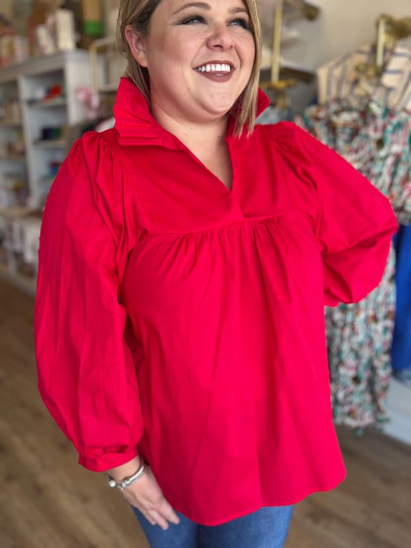 RESTOCKED! It's Giving Grace Kelly Plus-Size Red Ruffle Neck Blouse