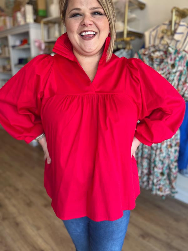 RESTOCKED! It's Giving Grace Kelly Plus-Size Red Ruffle Neck Blouse