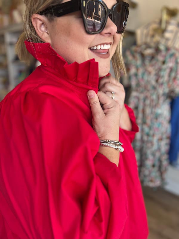 RESTOCKED! It's Giving Grace Kelly Plus-Size Red Ruffle Neck Blouse