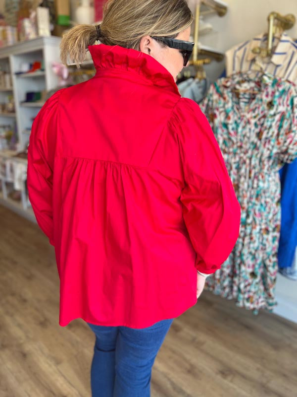 RESTOCKED! It's Giving Grace Kelly Plus-Size Red Ruffle Neck Blouse
