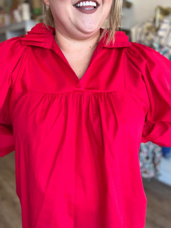 RESTOCKED! It's Giving Grace Kelly Plus-Size Red Ruffle Neck Blouse
