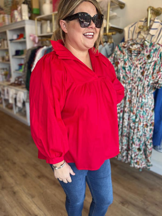 RESTOCKED! It's Giving Grace Kelly Plus-Size Red Ruffle Neck Blouse