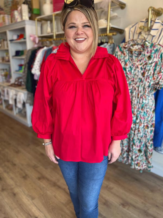 RESTOCKED! It's Giving Grace Kelly Plus-Size Red Ruffle Neck Blouse