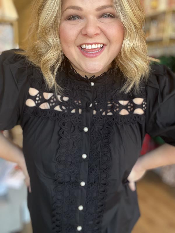 "Girls with Pearls" Curvy Black Lace Blouse