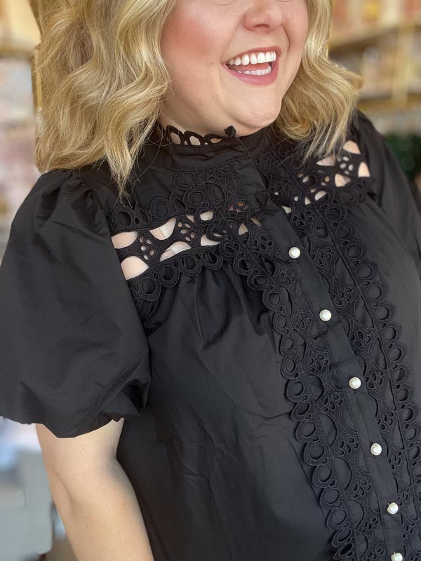 "Girls with Pearls" Curvy Black Lace Blouse
