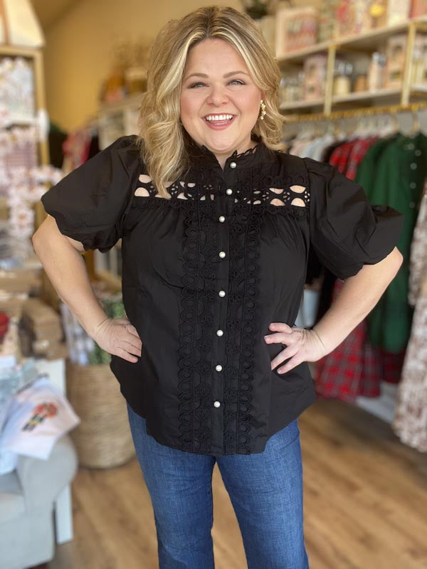 "Girls with Pearls" Curvy Black Lace Blouse