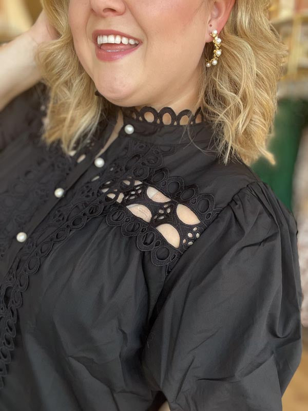 "Girls with Pearls" Curvy Black Lace Blouse