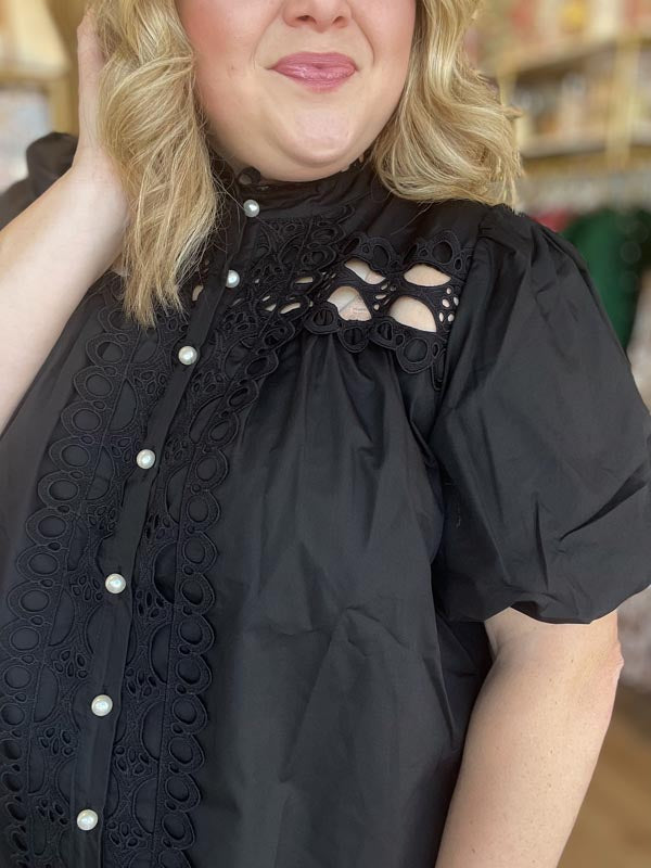 "Girls with Pearls" Curvy Black Lace Blouse