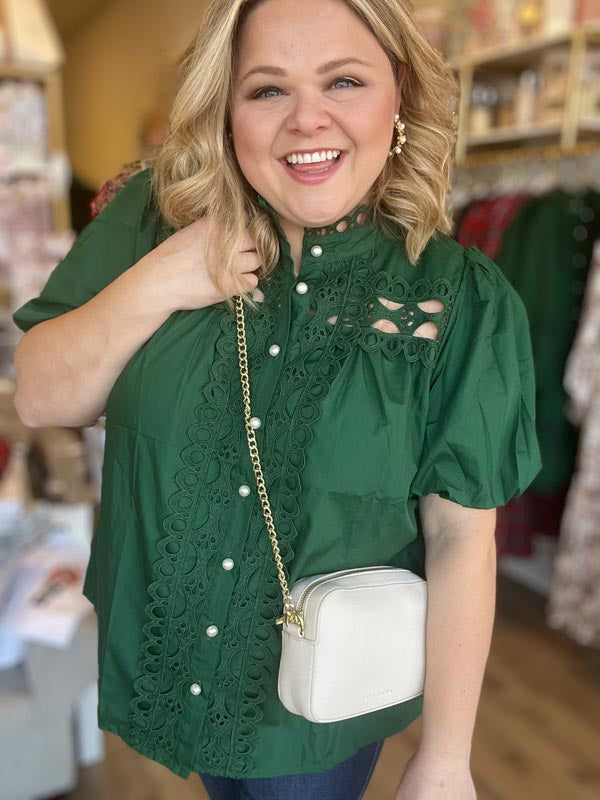 "Girls with Pearls" Curvy Green Lace Blouse