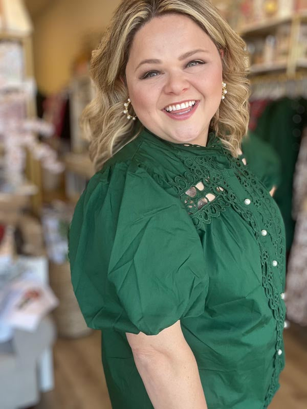 "Girls with Pearls" Curvy Green Lace Blouse