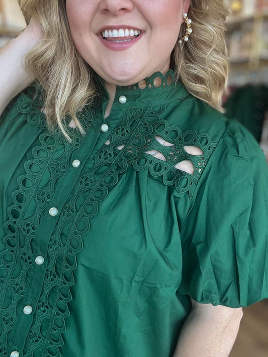 "Girls with Pearls" Curvy Green Lace Blouse