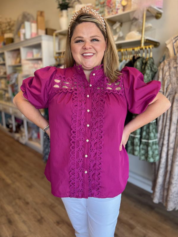 "Girls with Pearls" Curvy Magenta Lace Blouse