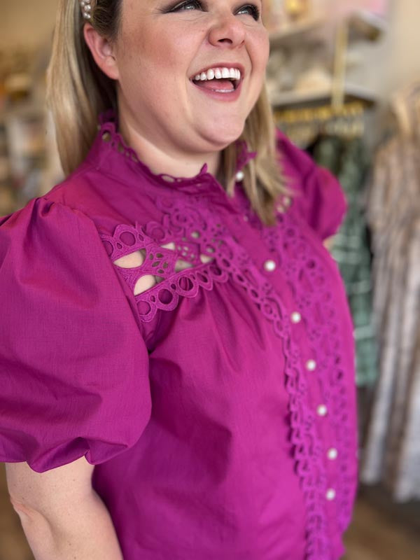 "Girls with Pearls" Curvy Magenta Lace Blouse