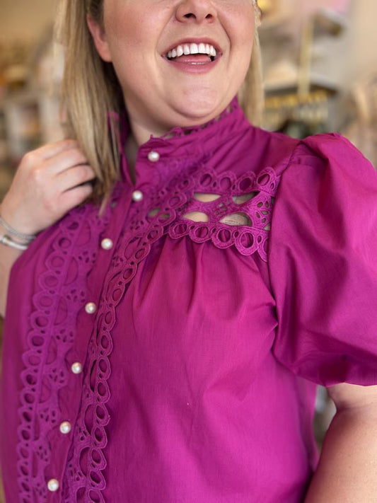 "Girls with Pearls" Curvy Magenta Lace Blouse