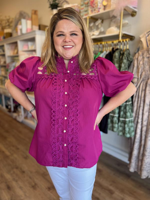 "Girls with Pearls" Curvy Magenta Lace Blouse