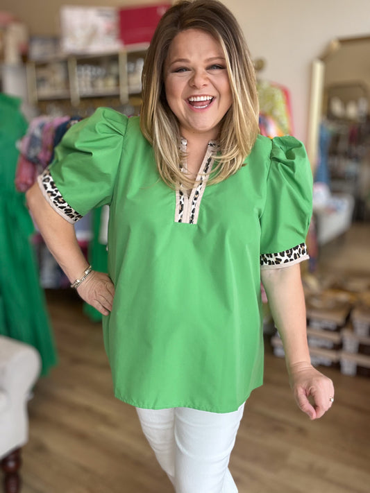 RESTOCKED! "Mint Chocolate Chip" Curvy Green Leopard Trim Top