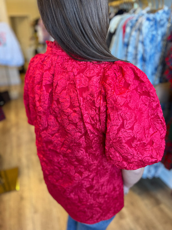 "Pop, Fizz, Clink" Plus-Size Red Jacquard Blouse