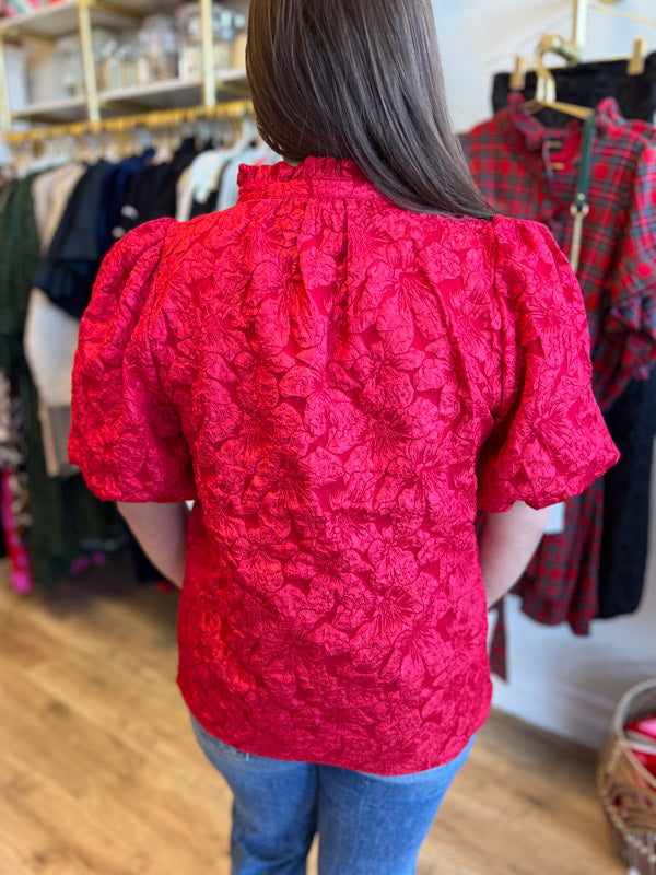 "Pop, Fizz, Clink" Plus-Size Red Jacquard Blouse