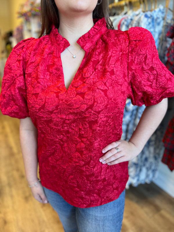 "Pop, Fizz, Clink" Plus-Size Red Jacquard Blouse