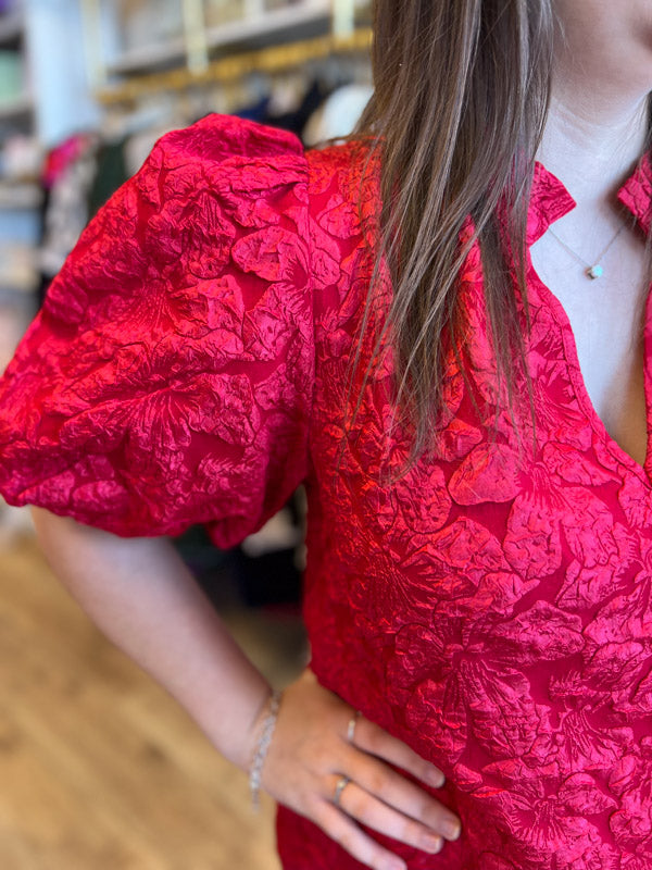 "Pop, Fizz, Clink" Plus-Size Red Jacquard Blouse