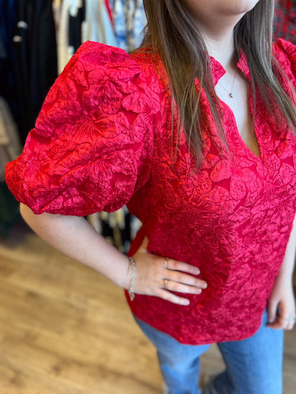 "Pop, Fizz, Clink" Plus-Size Red Jacquard Blouse
