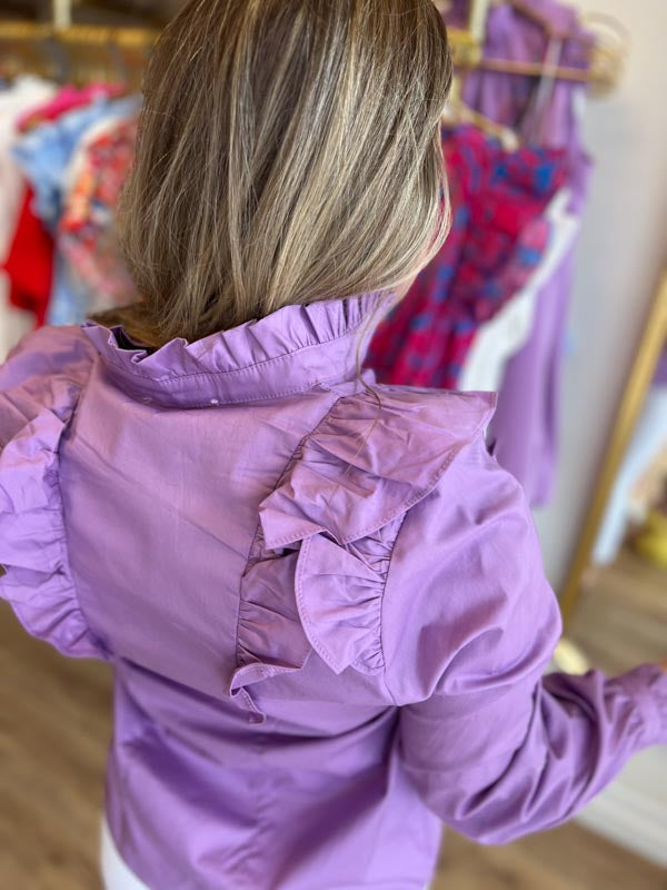 "Purple Heart" Poplin Ruffle Button Top - FINAL SALE