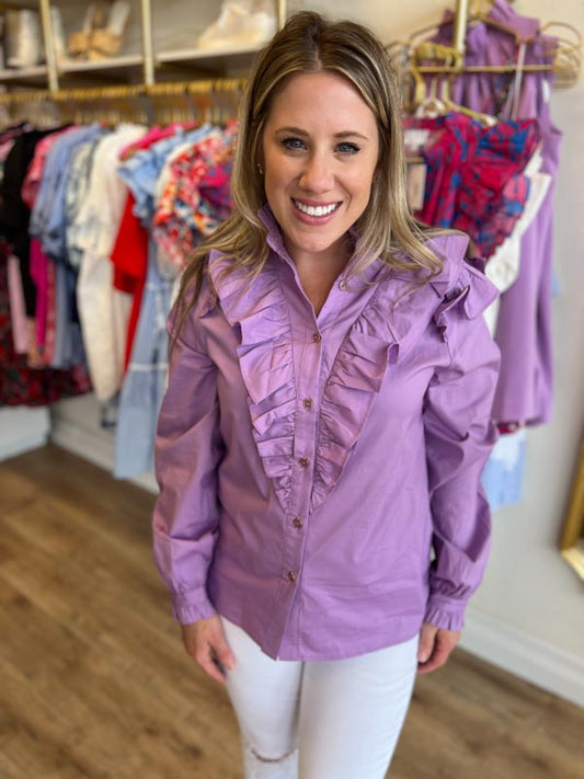 "Purple Heart" Poplin Ruffle Button Top - FINAL SALE