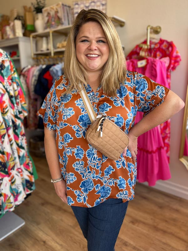 "Rust & Roses" Curvy Copper & Blue Floral Top