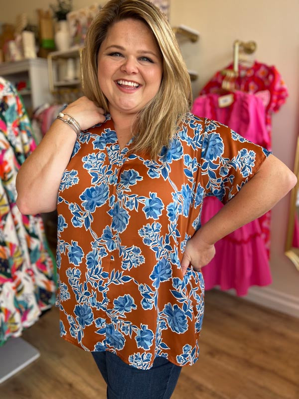 "Rust & Roses" Curvy Copper & Blue Floral Top