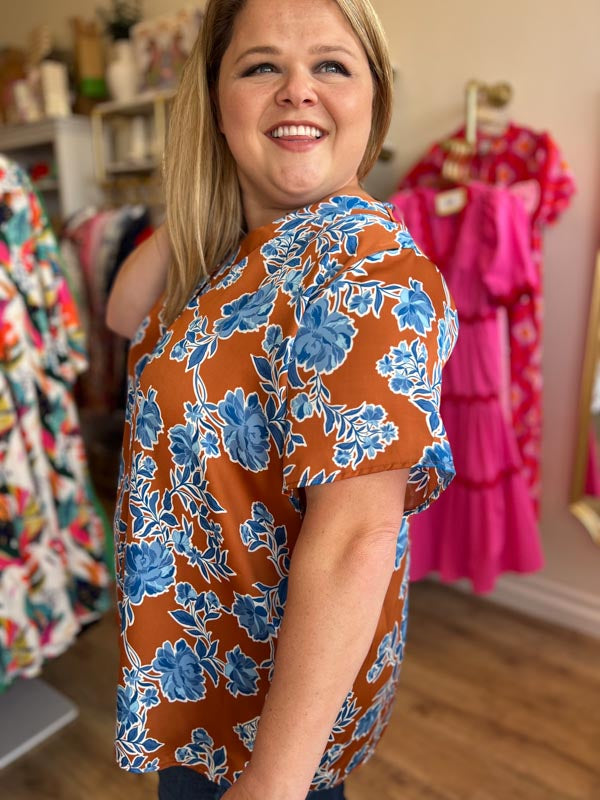 "Rust & Roses" Curvy Copper & Blue Floral Top