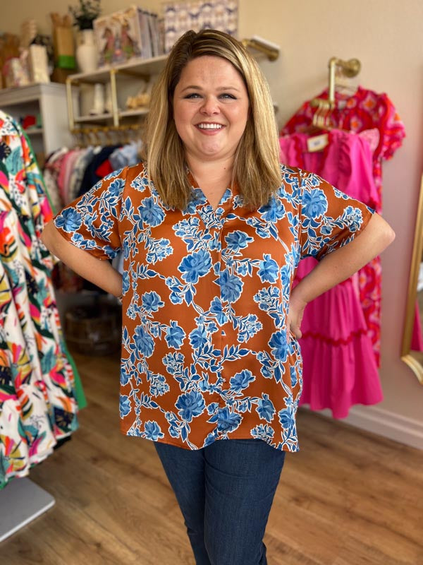 "Rust & Roses" Curvy Copper & Blue Floral Top
