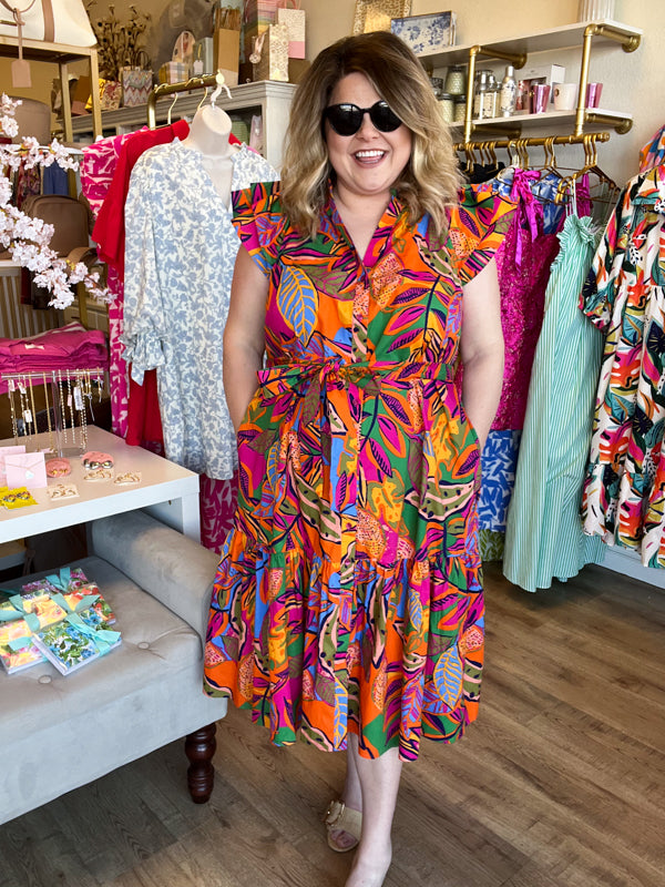 RESTOCKED! "Santorini Sunsets" Plus-Size Tropical Midi Dress