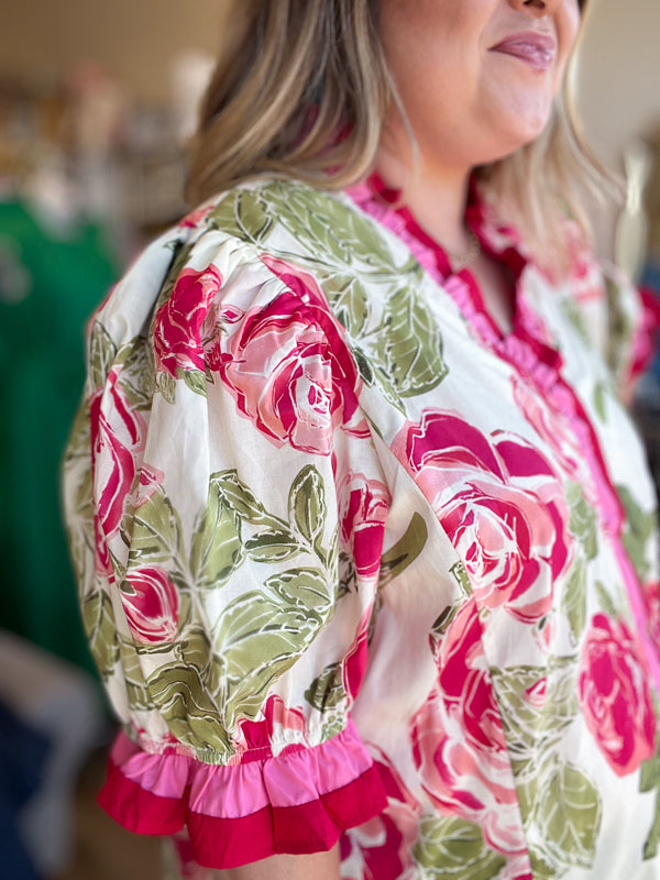 "Sassy & Southern" Curvy Red & Pink Ruffle Trim Top