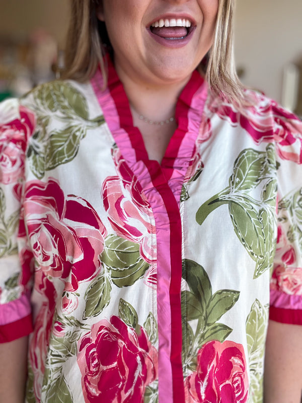 "Sassy & Southern" Curvy Red & Pink Ruffle Trim Top