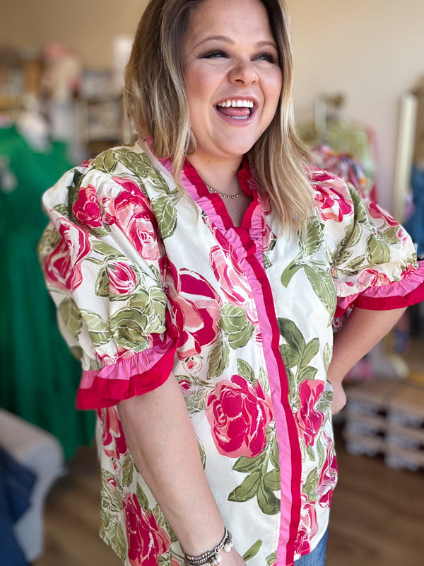 "Sassy & Southern" Curvy Red & Pink Ruffle Trim Top